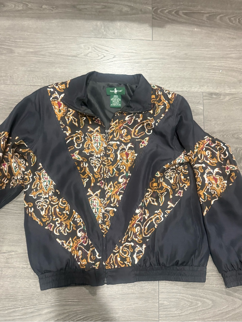 Vintage 100% silk hunt club Pattern Zip-Front Windbreaker